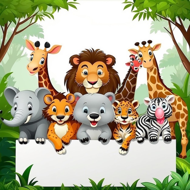 Foto cartoon di animali selvatici carini con una tavola vuota