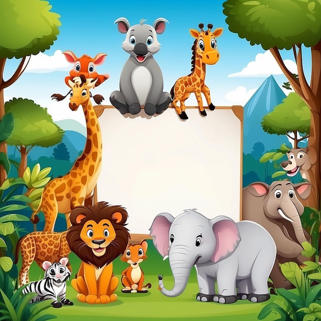 Cute wild animals cartoon with blank board