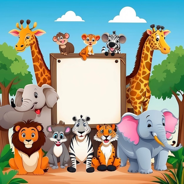 Cute wild animals cartoon with blank board