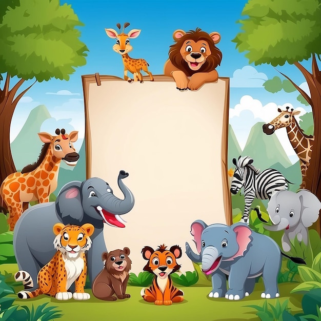 Cute wild animals cartoon with blank board