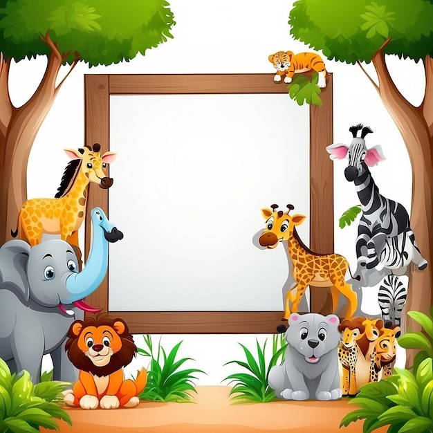 Photo cute wild animals cartoon with blank board