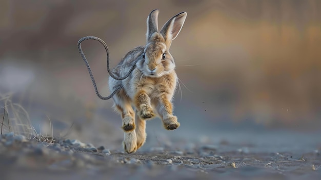 Photo cute wild bunny running in the meadow the bunny is brown and white with a long tail it is running on all four legs with its ears perked up