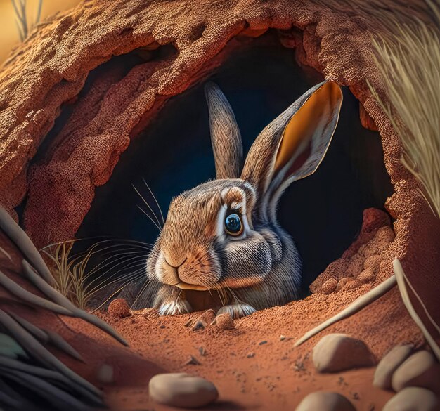 A cute wild hare sits in a hole in a field Generative AI