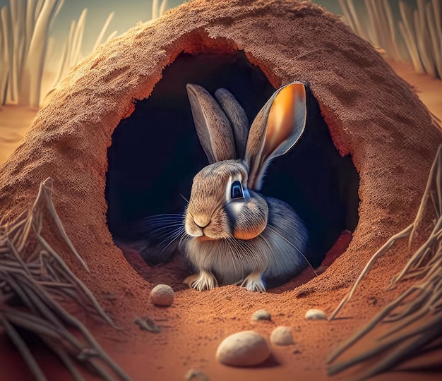 A cute wild hare sits in a hole in a field Generative AI