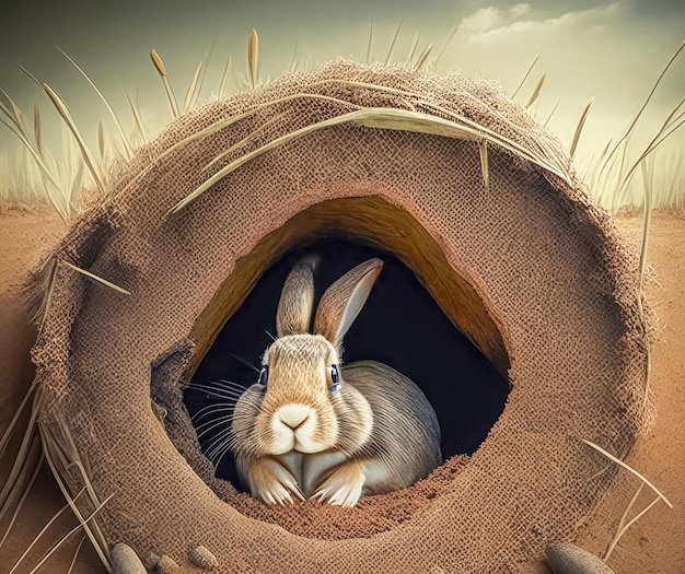 들판의 구멍에 앉아 있는 귀여운 야생 토끼 Generative AI