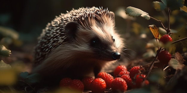 Cute Wild Hedgehog Eating Raspberry In Autumn Forest