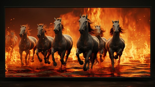 Cute wild horse running animal fire background image Ai generated art