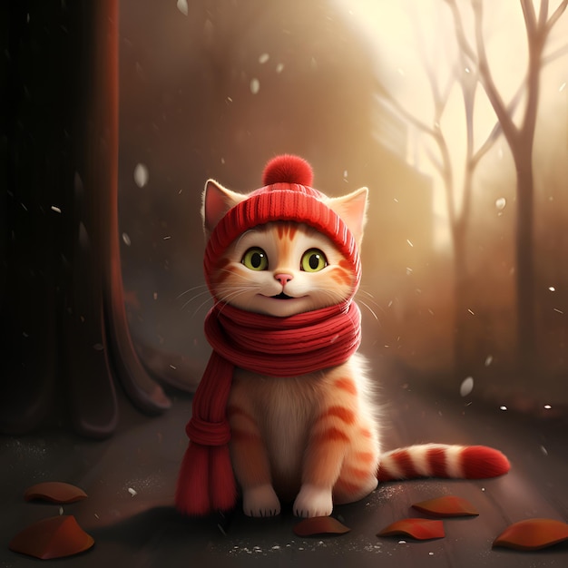 Cute winter cat with red scarf