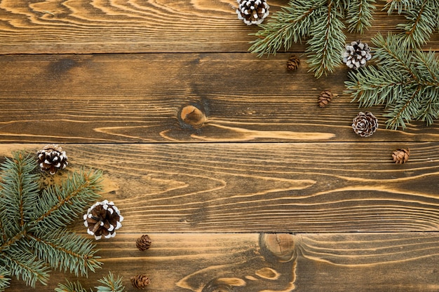 Cute winter pine needles and cones on wooden background