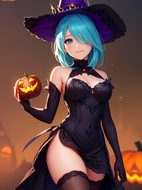 Cute witch girl on halloween night anime art for mobile wallpaper