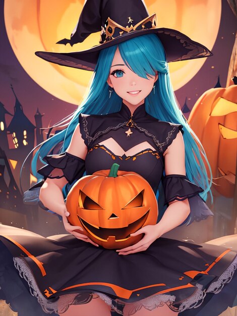 Cute witch girl on halloween night anime art for mobile wallpaper