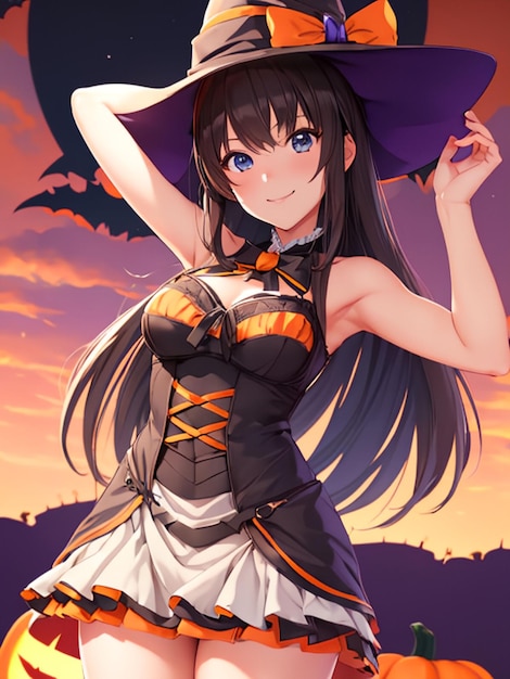 Cute witch girl on halloween night anime art for mobile wallpaper