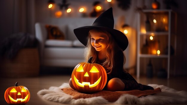 Cute witch girl with halloween pumpkins