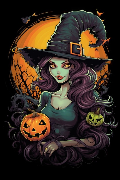 cute witch holds a jakc o lantern halloween illustration background