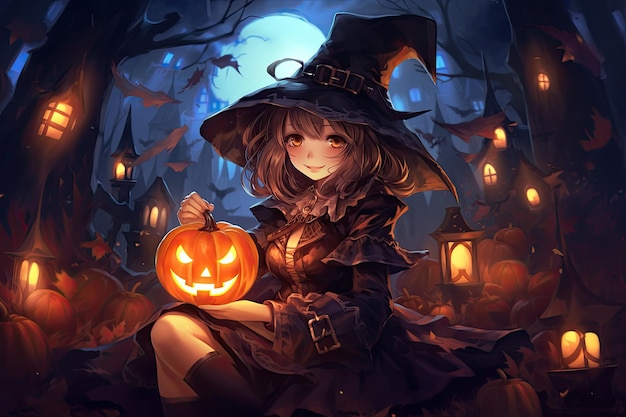 cute witch holds a jakc o lantern halloween illustration