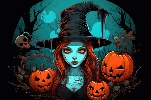 cute witch holds a jakc o lantern halloween illustration