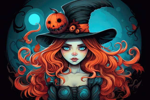 cute witch holds a jakc o lantern halloween illustration