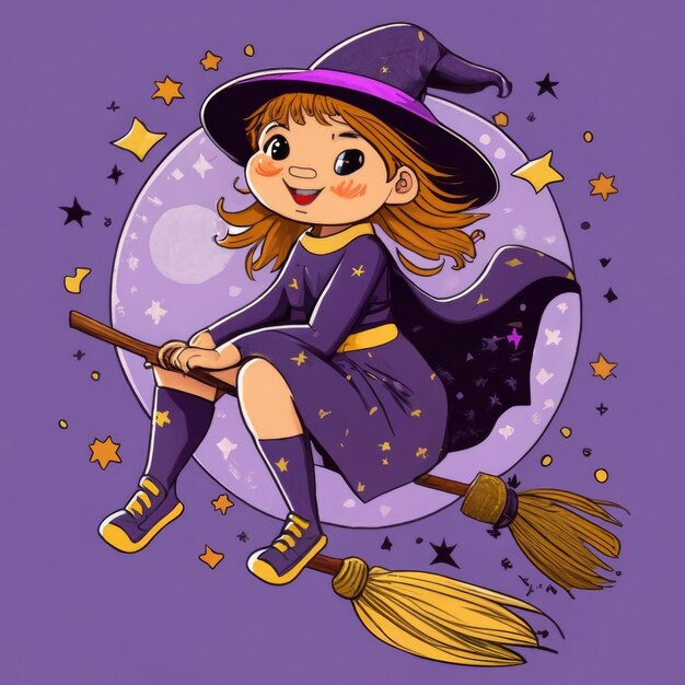 A cute witch riding a broomstick isolated on a purple background