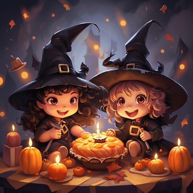 Cute witches with pumpkins lanterns celebrate Halloween cartoon illustration