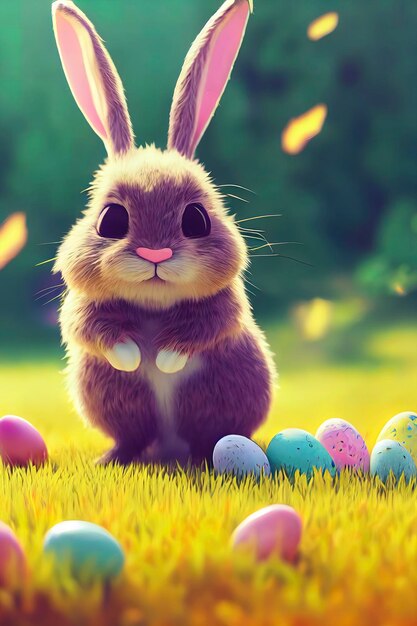 Cute withe bunny with easter eggs easter holiday