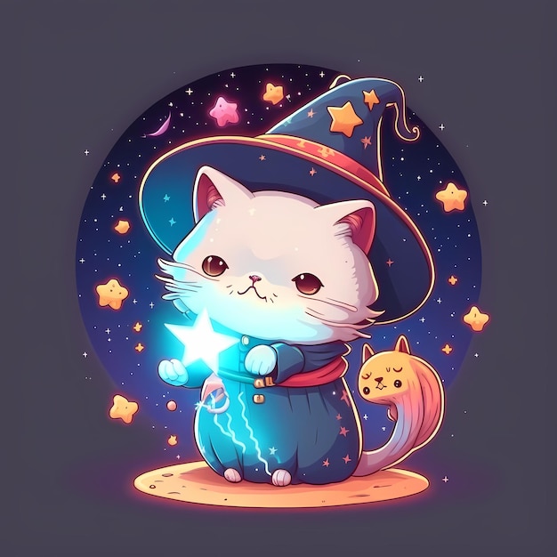 Cute wizard cat kawaii style character design Illustration