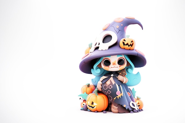 A cute Wizard girl with skull face makeup in colorful traditional dress with scary halloween pumpkins on isolated white background