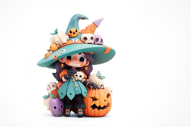 A cute Wizard girl with skull face makeup in colorful traditional dress with scary halloween pumpkins on isolated white background