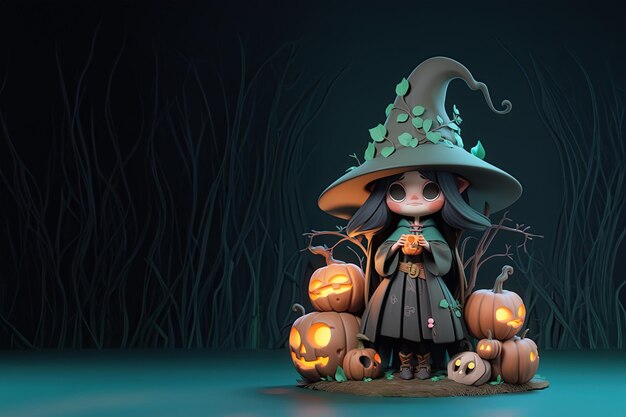 A cute Wizard girl with skull face makeup in colorful traditional dress with scary halloween pumpkins on isolated white background