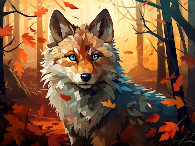 森の背景を持つかわいいオオカミのイラスト