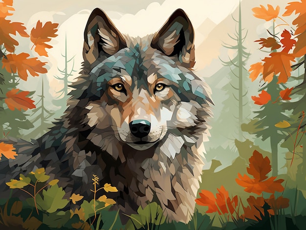 Cute wolf illustration with forest background