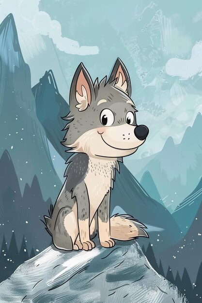 Photo cute wolf on rocky mountain illustration children drawing style