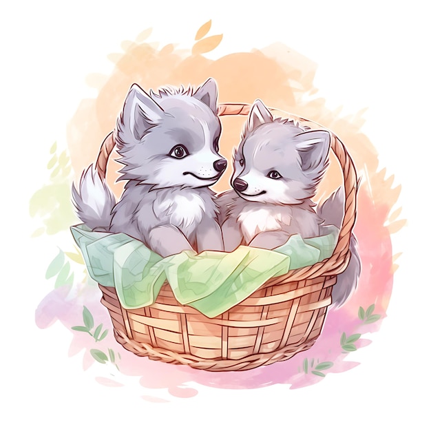 Foto dolci lupi in un cesto di colori pastello
