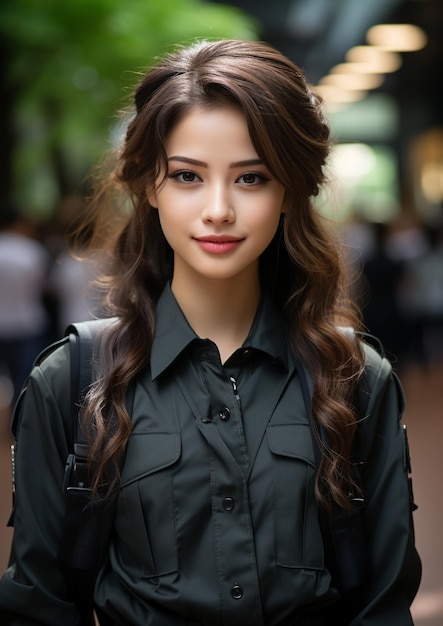 Cute woman adorned in a camping outfit with a twinkle in her eye and a cute smile embodying grace and elegance Generative AI