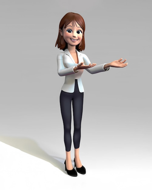 Cute woman holding hands gesture to empty spec business woman concept on white 3d rendering