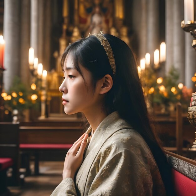 Foto donna carina prega in chiesa sullo sfondo