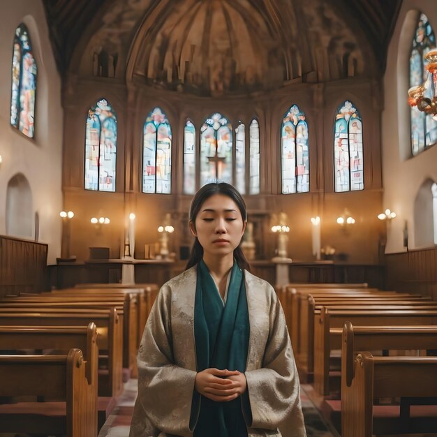 写真 教会の背景で祈る可愛い女性