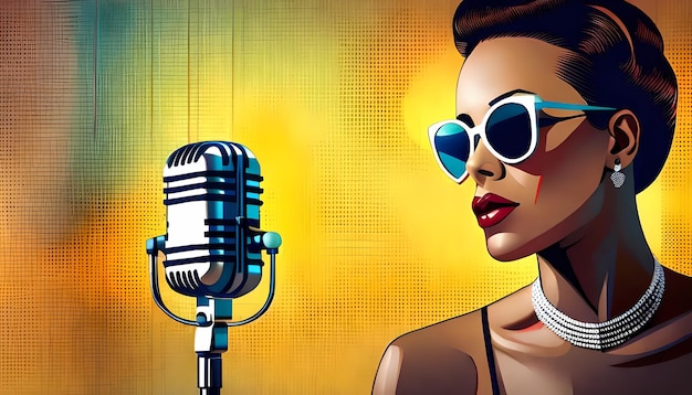 Cute woman singer with retro microphone 1960s style generative AI illustration with copy space