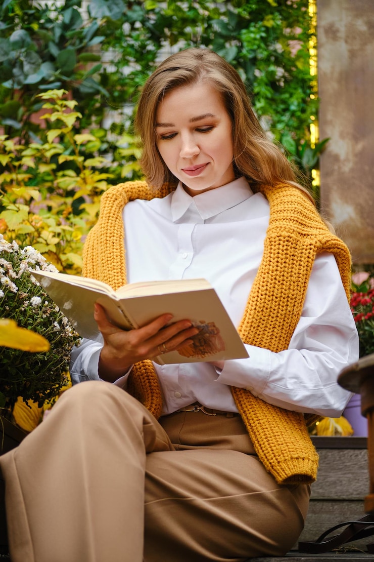 Фотография милая женщина сидит на скамейке и читает книгу.