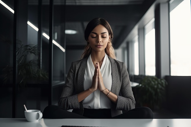 Фото Милая женщина сидит в позе медитации с закрытыми глазами и улыбается в современном офисе, что может вызвать чувство расслабления осознанности и баланса между работой и личной жизнью генеративный ии