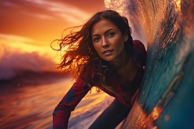 cute woman surfer effortlessly riding a wave with a vibrant sunset