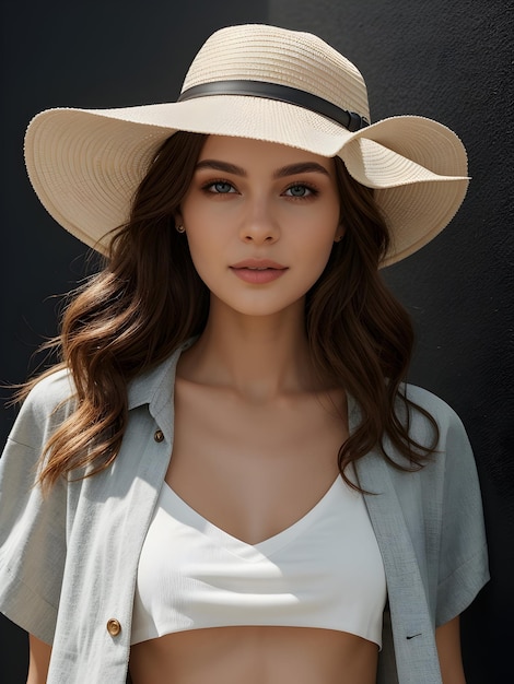 Cute woman wearing a hat posing on black background ai generative