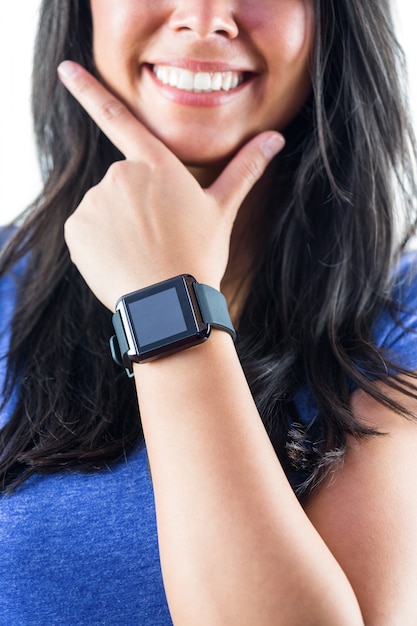 cute woman wearing her smartwatch