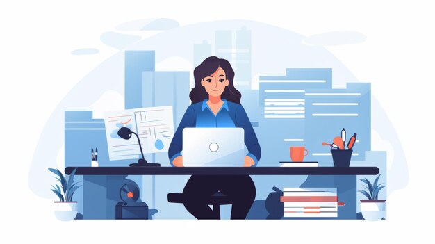 Photo cute woman working in office cartoon vector icon illustration people technology icon isolated flat