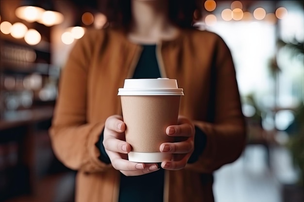 Cute womans hand holding a blank coffee cup