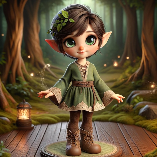 Cute wood elf in the forest Mythical character Fairytale background