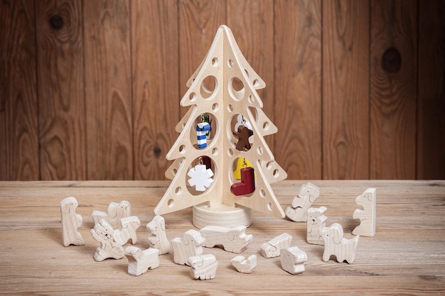 Cute wooden toy animal on wood board tiny toys and shallow depth of field