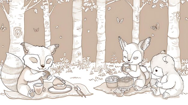 Cute woodland animals having a picnic in the forest The squirrel is eating a sandwich the raccoon is drinking tea and the bear is eating pie