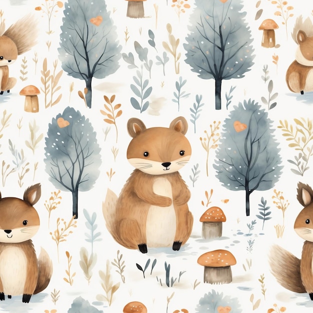 Cute Woodland Animals Seamless Pattern
