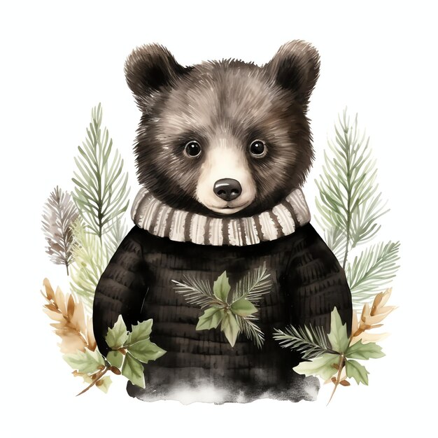 Cute woodland black bear in winter sweater watercolor style for kids nursery