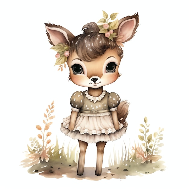 Cute woodland Black tailed deer with beautiful clothes watercolor style for kids nursery animals